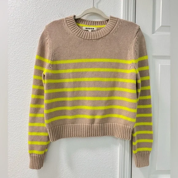 Boden Lucy chunky cotton sweater size medium camel brown neon yellow stripes - Picture 6 of 7